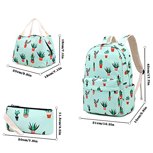 LIMHOO School Bags for Teen Girls, Teenagers School Backpack, Bookbag with Lunch Box Pencil Case (Cactus)