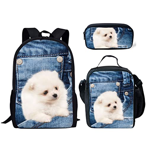 Dreaweet Kids Backpacks Set with Lunch Bag Pencil Case Pocket Pomeranian Print School Bag for Girls Boys Preschool Kindergarten Elementary Travel Daypack