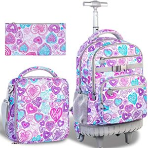 ftjcf 3pcs rolling backpack for women, 21 inche adult bag with roller wheels, wheeled bookbag set for girls - pinkgrey