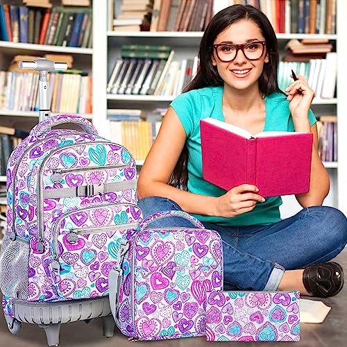 FTJCF 3pcs Rolling Backpack for Women, 21 Inche Adult Bag with Roller Wheels, Wheeled Bookbag Set for Girls - PinkGrey