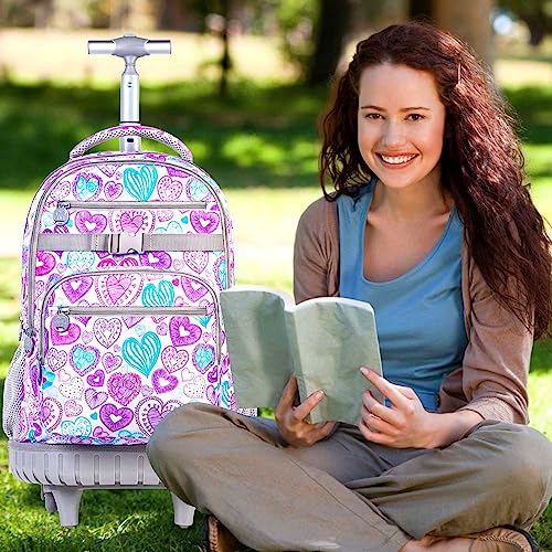 FTJCF 3pcs Rolling Backpack for Women, 21 Inche Adult Bag with Roller Wheels, Wheeled Bookbag Set for Girls - PinkGrey