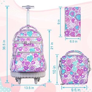 FTJCF 3pcs Rolling Backpack for Women, 21 Inche Adult Bag with Roller Wheels, Wheeled Bookbag Set for Girls - PinkGrey