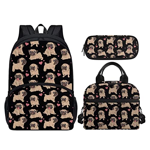 Uourmeti Pug Dog Backpack for School Boys Middle School Bag for Girls Bookbags with Lunch Box Ages 8-10 Pencil Case Elementary School Supplies Lightweight Hiking Rucksack for Travel