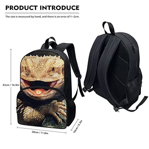 Glomenade Bearded Dragon Lizards Backpack for School Kids Boys Large Capacity Schoolbags with Side Pockets Durable Bookbags,17 Inches