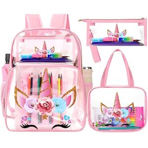 kacctyen 3 pcs pink clear backpack stadium approved backpack for girls clear school backpack with lunch bag for girls boys(unicorn style)