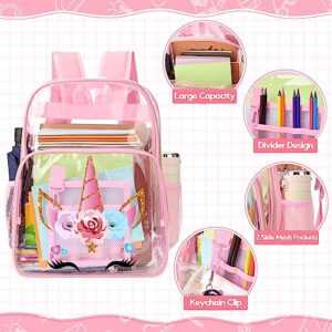 Kacctyen 3 Pcs Pink Clear Backpack Stadium Approved Backpack for Girls Clear School Backpack with Lunch Bag for Girls Boys(Unicorn Style)