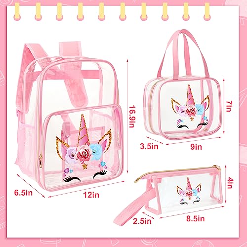 Kacctyen 3 Pcs Pink Clear Backpack Stadium Approved Backpack for Girls Clear School Backpack with Lunch Bag for Girls Boys(Unicorn Style)