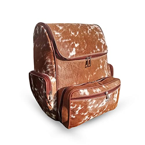 Real Cowhide Backpack Bag Cowhide Diaper Bag Travel Daypack Bag Hold all Backpack Multi Pockets | Brown and White Backpack Bag