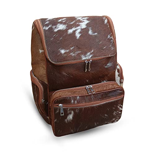 Real Cowhide Backpack Bag Cowhide Diaper Bag Travel Daypack Bag Hold all Backpack Multi Pockets | Brown and White Backpack Bag