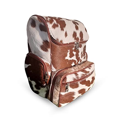Real Cowhide Backpack Bag Cowhide Diaper Bag Travel Daypack Bag Hold all Backpack Multi Pockets | Brown and White Backpack Bag