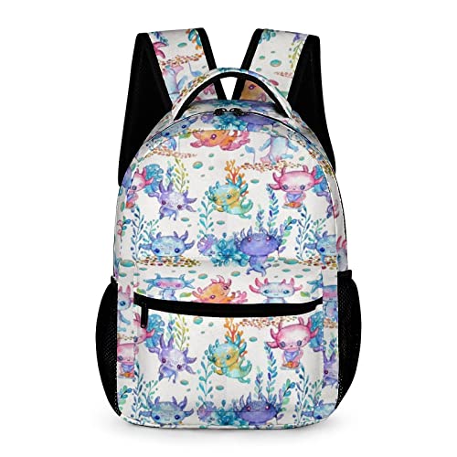 MINBHEBYUD Watercolor Cute Axolotl Prints Backpack, Lightweight Backpack Casual Daypack, Bookbag for Men Women