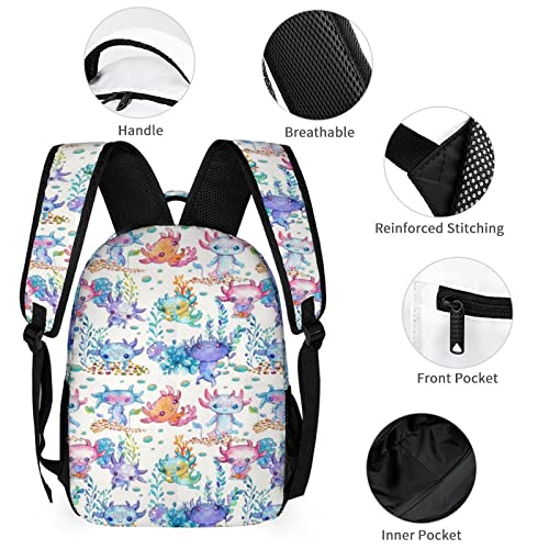 MINBHEBYUD Watercolor Cute Axolotl Prints Backpack, Lightweight Backpack Casual Daypack, Bookbag for Men Women