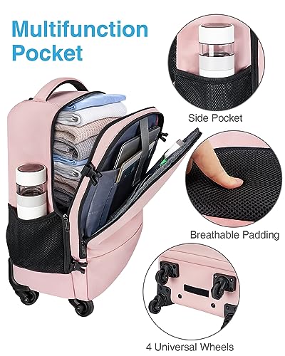 Rolling Backpack with 4 wheels, 17 inch Travel Laptop Backpack for Women with Shoe Pouch, Large Wheeled Backpack Carry on Luggage, Overnight College Work Trolley Suitcase Bag Roller Backpack Adults