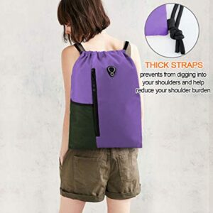 BeeGreen Drawstring Backpack Bag with Water Bottle Pocket &Two Zippered Pocket Large Cinch Sackpack for Unisex Dark Violet