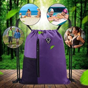 BeeGreen Drawstring Backpack Bag with Water Bottle Pocket &Two Zippered Pocket Large Cinch Sackpack for Unisex Dark Violet
