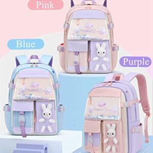 EKUIZAI Colorful Cute Backpack for Girls Elementary Schoolbag Sweet and Kawaii Kid's Backpack with Rabbit dolls