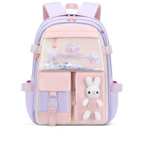 ekuizai colorful cute backpack for girls elementary schoolbag sweet and kawaii kid's backpack with rabbit dolls