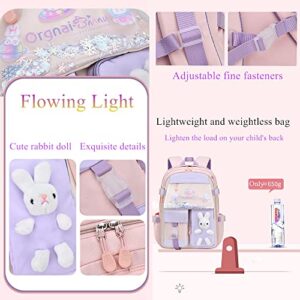 EKUIZAI Colorful Cute Backpack for Girls Elementary Schoolbag Sweet and Kawaii Kid's Backpack with Rabbit dolls