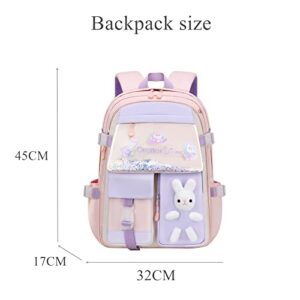EKUIZAI Colorful Cute Backpack for Girls Elementary Schoolbag Sweet and Kawaii Kid's Backpack with Rabbit dolls