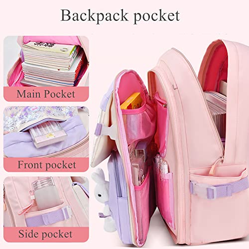 EKUIZAI Colorful Cute Backpack for Girls Elementary Schoolbag Sweet and Kawaii Kid's Backpack with Rabbit dolls