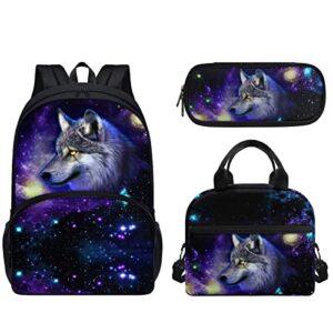 renewold 3 pack galaxy wolf print kids backpack set child teens bookbag student book bag set daypack with lunch box pencil case set for primary middle school girls boys lightweight