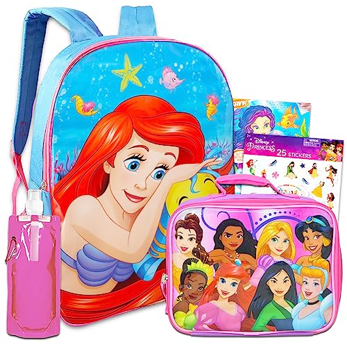 Disney The Little Mermaid Backpack and Lunch Bag - Bundle with 15” Ariel Backpack, Lunch Box, Water Bottle, Stickers, Tattoos | Little Mermaid Backpack for Kids