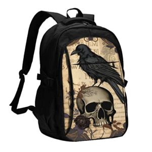 fycfslmy edgar allan poe the raven skull laptop backpack, travel backpack with usb charging port, computer bag for men women