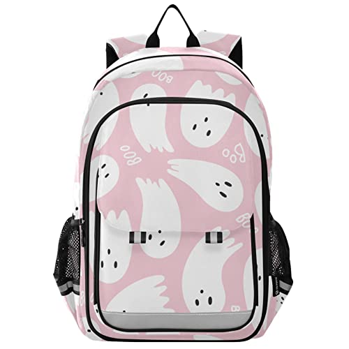 Vnurnrn Kids Backpack Pink Cute Halloween Ghost Print Big Storage Multi Pockets 17.7 IN School Backpack with Chest Buckle Reflective Strip for Boys Girls 6+ years in Primary Middle High School