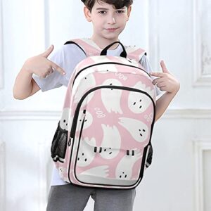 Vnurnrn Kids Backpack Pink Cute Halloween Ghost Print Big Storage Multi Pockets 17.7 IN School Backpack with Chest Buckle Reflective Strip for Boys Girls 6+ years in Primary Middle High School