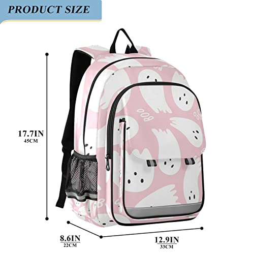 Vnurnrn Kids Backpack Pink Cute Halloween Ghost Print Big Storage Multi Pockets 17.7 IN School Backpack with Chest Buckle Reflective Strip for Boys Girls 6+ years in Primary Middle High School