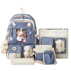 mwzing kawaii backpack 5 piece backpack set with handbag pencil box small cell phone purse receive bag with pendant pins blue
