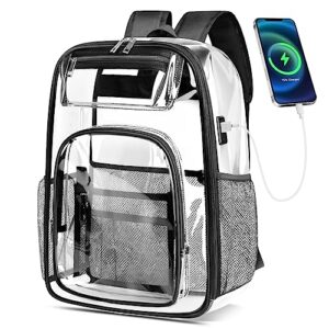 Clear Backpack, XXL Large Heavy Duty PVC Transparenet Backpacks with USB Charging Port,School Clear Bookbag Stadium Approved See Through Clear Backpacks for Women Men Kids Travel Work Security College