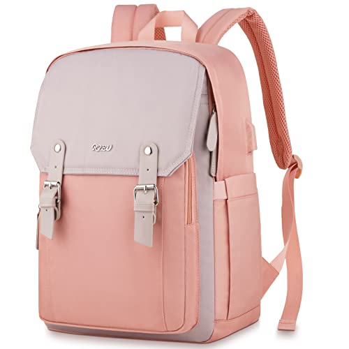 RJEU Girls Backpack for School,15.6in Laptop Backpack School Bag for College Middle High School Student Teenager,Cute Bookbag for Women,Pink Gray