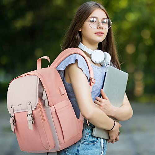 RJEU Girls Backpack for School,15.6in Laptop Backpack School Bag for College Middle High School Student Teenager,Cute Bookbag for Women,Pink Gray