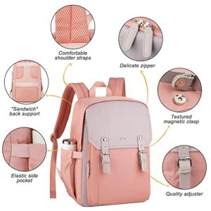 RJEU Girls Backpack for School,15.6in Laptop Backpack School Bag for College Middle High School Student Teenager,Cute Bookbag for Women,Pink Gray