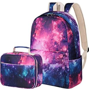 Airyard Book Bag for Girls, School Backpack with Lunch Box, Galaxy Backpack for Teen Girls Women Laptop Bookbags Set (Galaxy Navy)