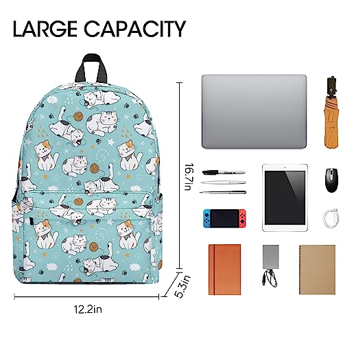 Big Kids School Backpack, Cute Cat Classic Lightweight School Bookbags for Teen Boys Girls, Durable Casual Daypack 17 IN for Middle High School College Students with 15-Inch Laptop Compartment