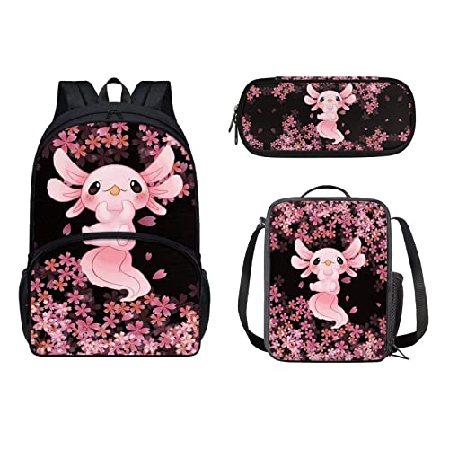 Yuuxorilu Kids School Bag Cherry Blossom Axolotl Backpack With Lunch Box for Girls School Backpack with Pencil Case Travel Rucksack Book Bag for Primary Preschool Children Teens School Bookbag