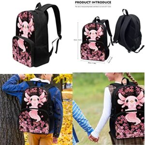 Yuuxorilu Kids School Bag Cherry Blossom Axolotl Backpack With Lunch Box for Girls School Backpack with Pencil Case Travel Rucksack Book Bag for Primary Preschool Children Teens School Bookbag