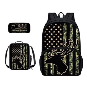 suobstales american flag print children backpack kids school bookbag with lunch box pencil case deer camo design 3 piece for boys girls large capacity casual daypack with zipper pocket