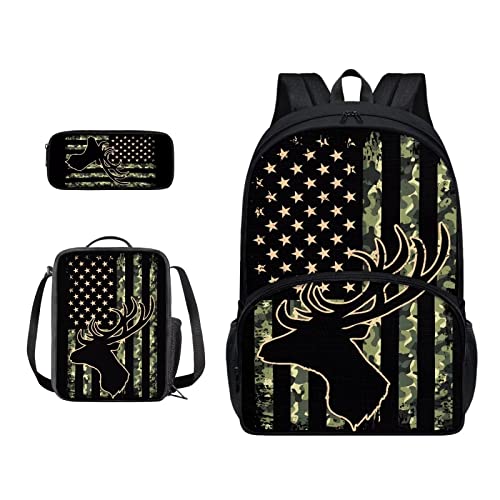 Suobstales American Flag Print Children Backpack Kids School Bookbag with Lunch Box Pencil Case Deer Camo Design 3 Piece for Boys Girls Large Capacity Casual Daypack with Zipper Pocket