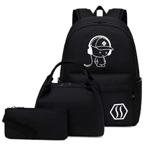 sheeyee school backpack for teen boys kids bookbags with lunch box set students laptop travel school bag (black)