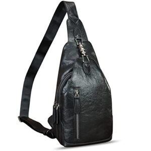 feigitor genuine leather sling bag retro crossbody sling backpack handmade chest shoulder bag daypack purse fanny pack (black)