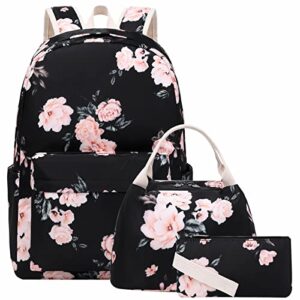sheeyee school backpack for girls bookbags with lunch box set students laptop travel floral backpack(black with flower)