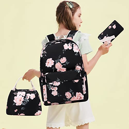 SHEEYEE School Backpack for Girls Bookbags with Lunch Box Set Students Laptop Travel Floral Backpack(Black with Flower)