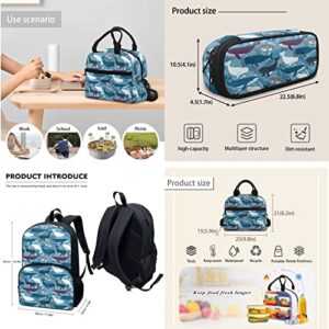 Renewold Blue Whale Print 3 Pack Kids Backpack Set Primary Middle Student School Book Bag Kids Teens Boys Girls Schoolbag with Lunch Box Pencil Case Set Lightweight