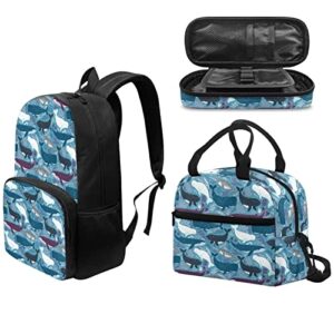 Renewold Blue Whale Print 3 Pack Kids Backpack Set Primary Middle Student School Book Bag Kids Teens Boys Girls Schoolbag with Lunch Box Pencil Case Set Lightweight