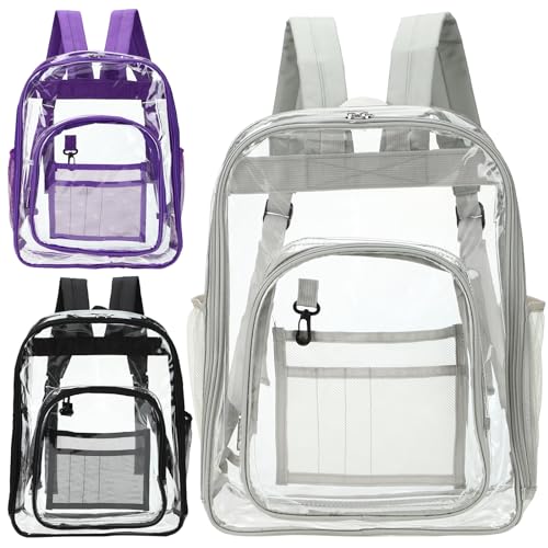 Sweetude 3 Pcs Heavy Duty PVC Clear Backpacks for School See Through Transparent Backpack Stadium Approved Clear Bookbag with Reinforced Strap for Women Girls Men Work Travel Workplace College