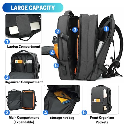 BJIAX Travel Backpack, 40L Expandable Carry On Backpack Fits 17 Inch Laptop, Airline Approved Water Resistant Backpack for Men, Hiking & Casual Backpack