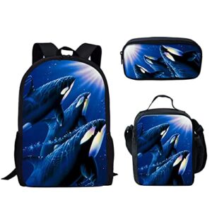 hugs idea blue dolphin print 3 in 1 school bags set with insulated lunch box pencil case for girls boys backpack kids preschool bookbags